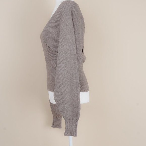 Open Back Dolman Sleeve Fine Ribbed Wrap Sweater in Grey Taupe - Picture 5 of 5